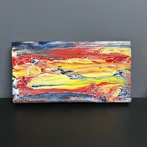 Original Abstract Painting On Reclaimed Wood 10” X 5.5 “ Titled Volcano Eruption